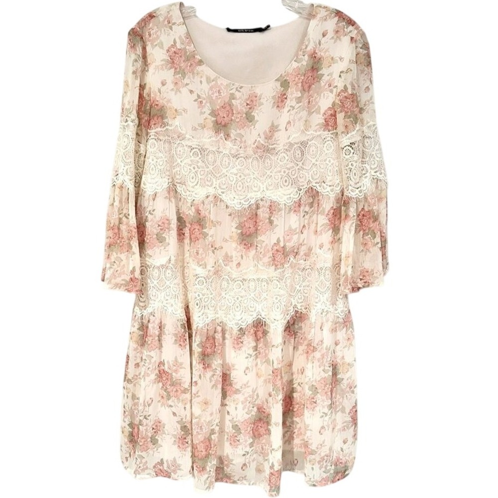Ark & Co Floral Tiered Mini Dress Womens Small Pink Lace Boho Romantic Chiffon